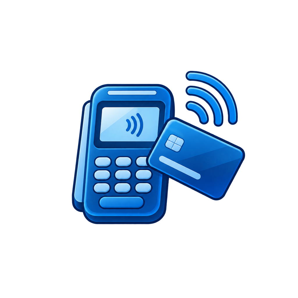 Digital illustration of a mobile payment terminal connected to a credit card and a smartphone, with wireless signal icons indicating contactless payment.