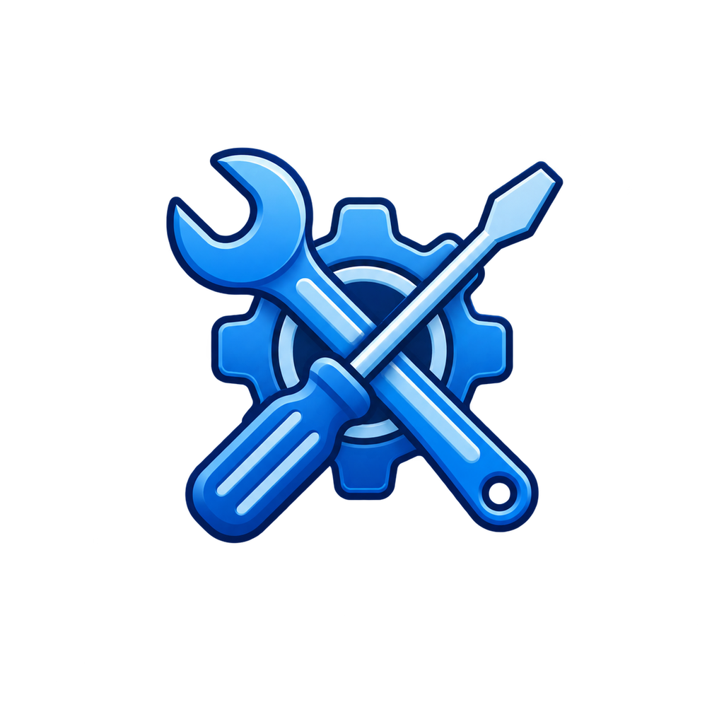 Icon of a wrench, screwdriver, and gear in shades of blue, representing tools or maintenance.