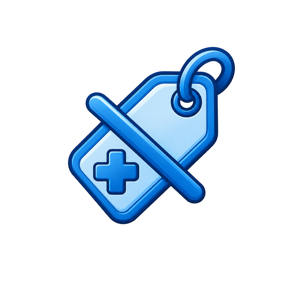 Blue medical price tag with a cross symbol and a prohibition slash over it.
