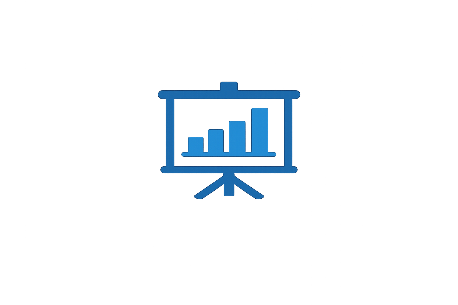 A blue line drawing of a presentation board with a bar graph on it, on a tripod stand.
