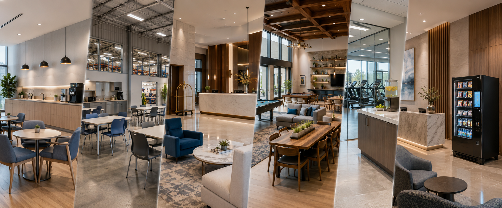 Collage of four interior spaces including a dining area with tables and chairs, a lobby with a reception desk, a lounge with sofas and tables, and a fitness area with treadmills.