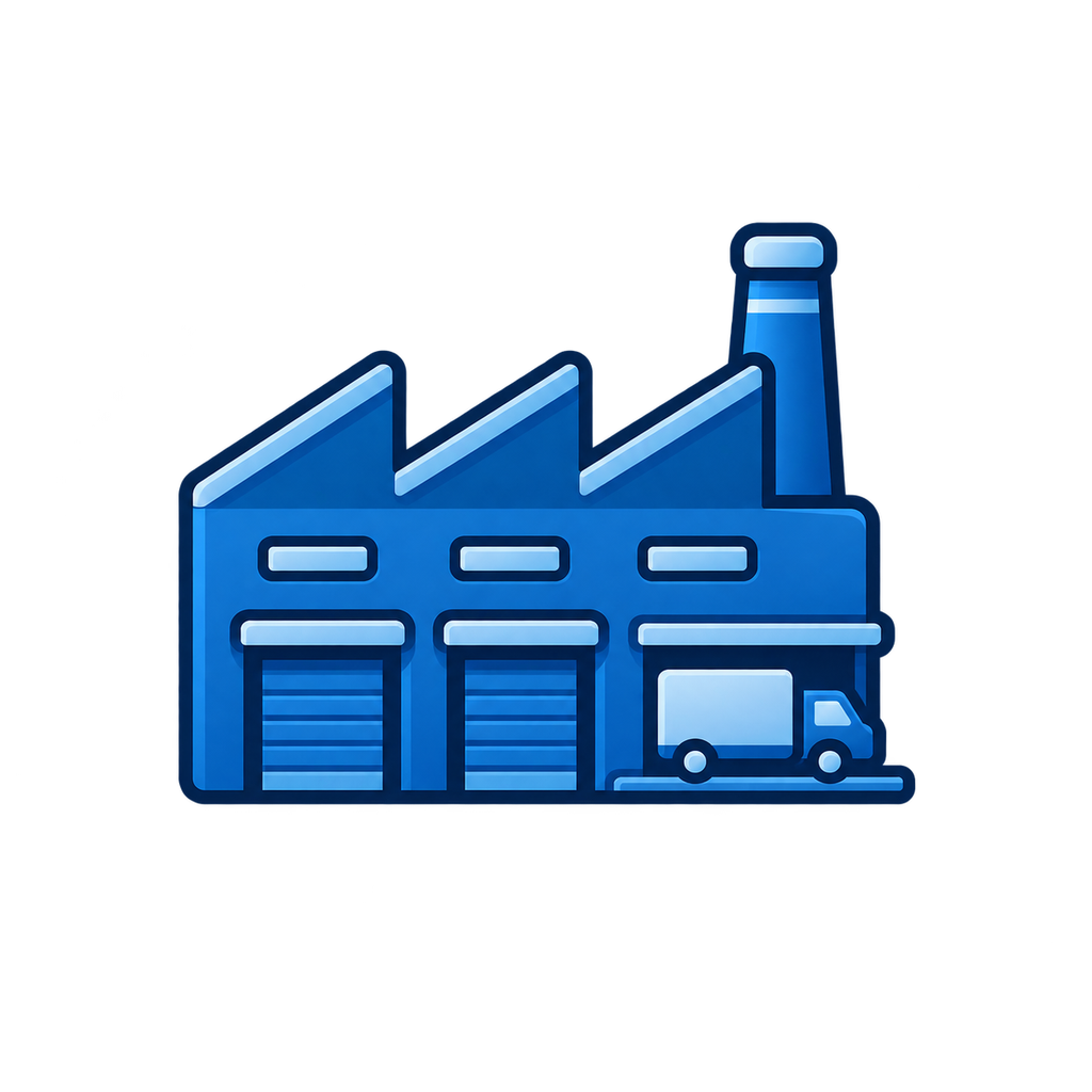 Blue factory building with three garage doors and a delivery truck outside.