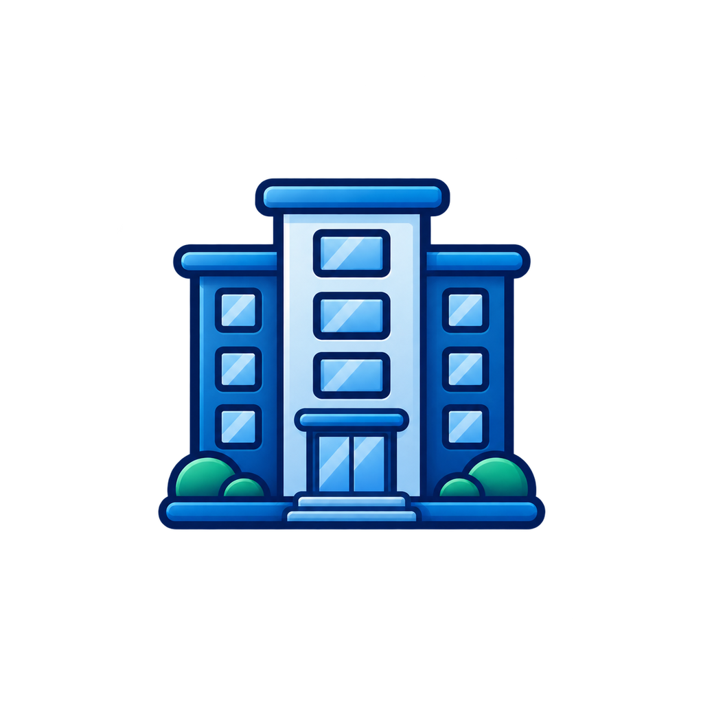 Digital illustration of a modern blue multi-story apartment building with bushes in front.