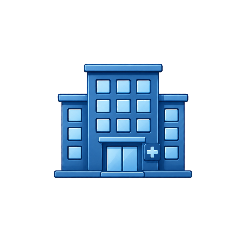 Blue hospital building icon with a cross sign on the right side