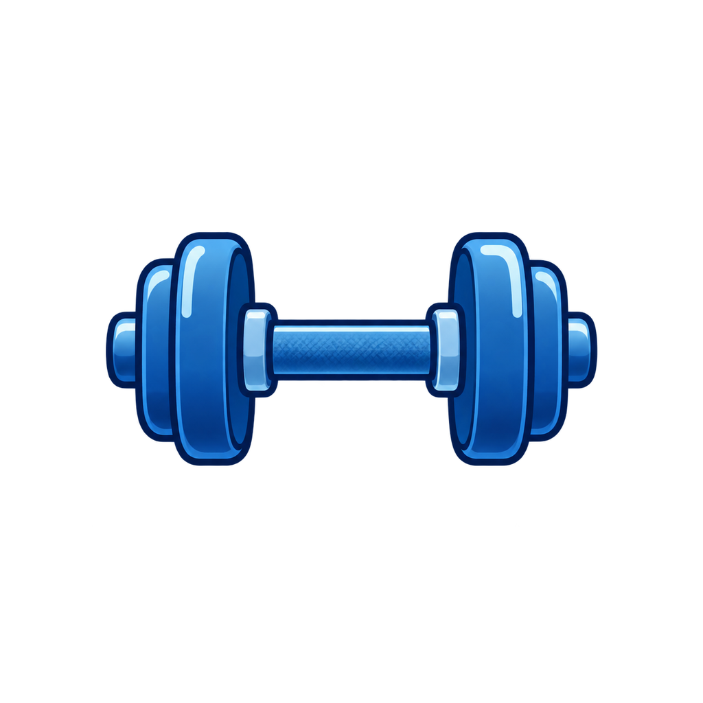 A digital illustration of a blue dumbbell with round weights on each end.