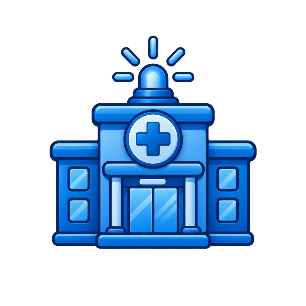 Blue icon of a hospital building with a cross symbol and a siren on top.
