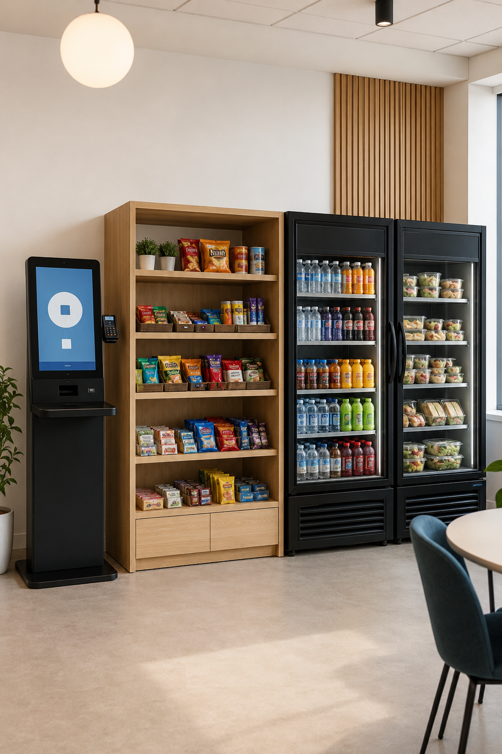 A snack and beverage vending area in an office or cafeteria, featuring a touch-screen kiosk, a wooden shelf with snacks, and two black vending refrigerators stocked with bottled drinks and pre-packaged salads and snacks.