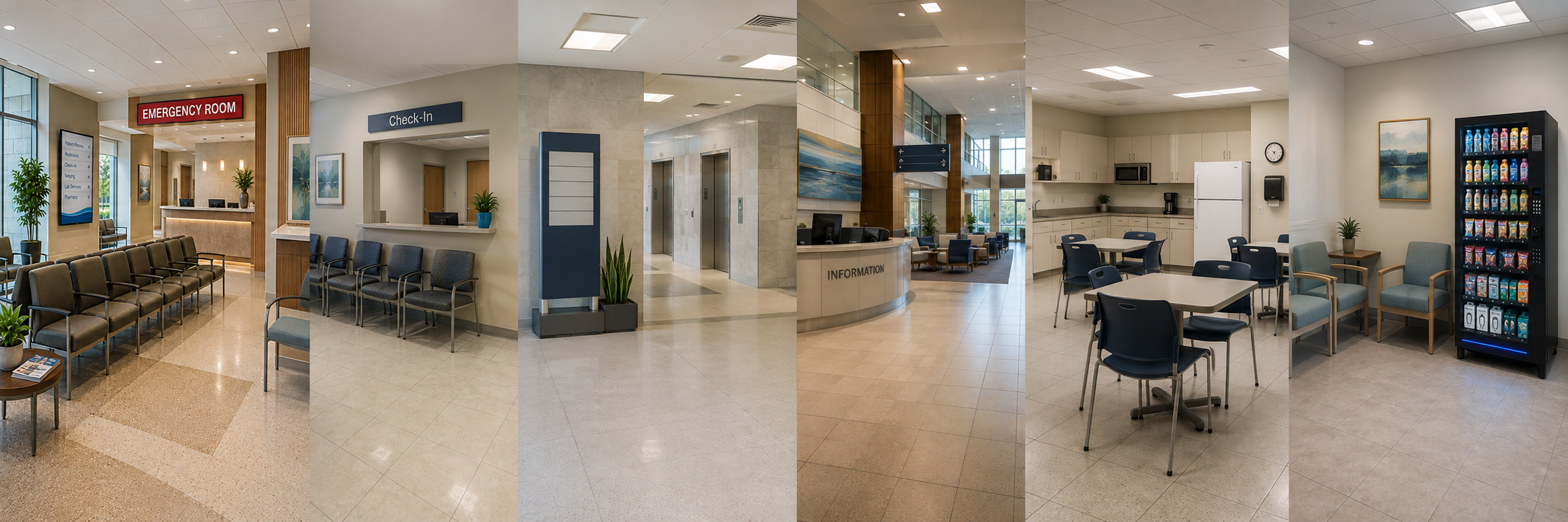 Interior of a medical clinic with waiting area, check-in counter, reception desk, elevators, and a vending machine.