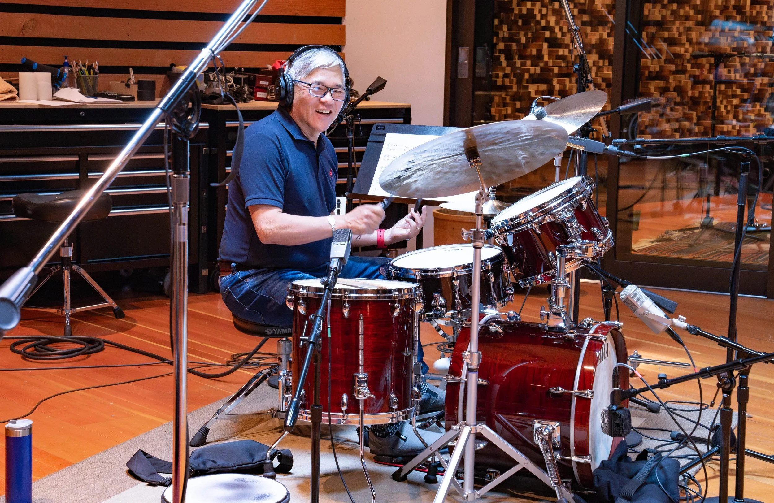 Paul Yonemura recording in the studio, Photo by Lonnol Bay