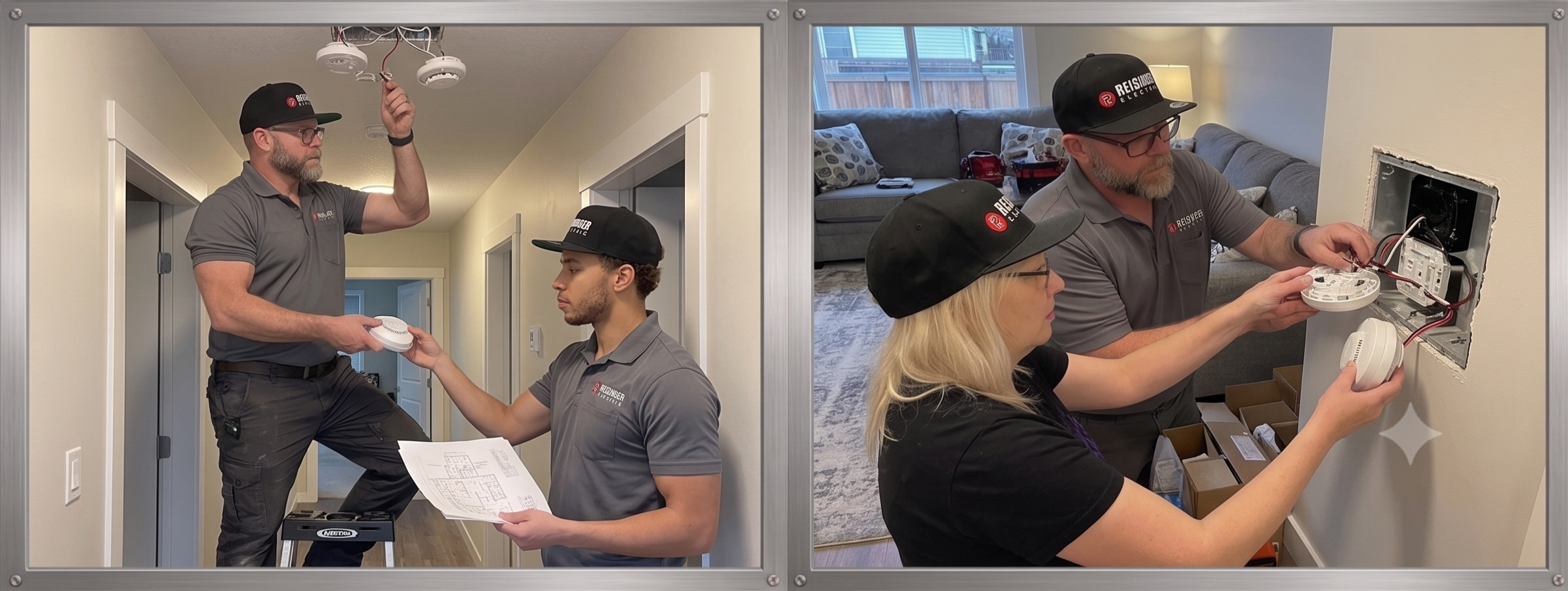 Electricians installing and testing smoke detectors and fire alarm systems in a residential home.