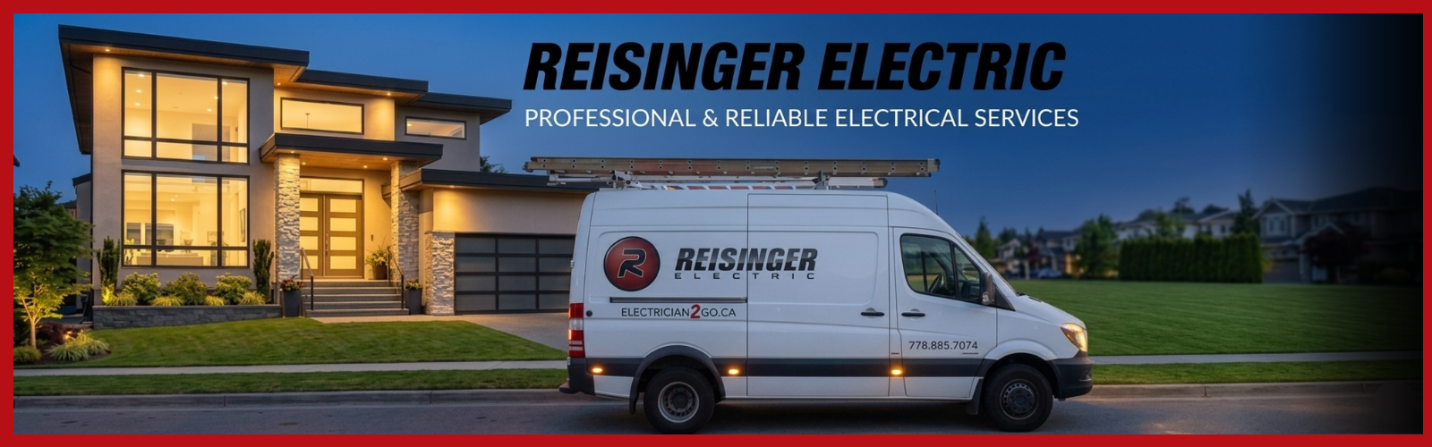 Reisinger Electric van with logo in front of modern well-lit home
