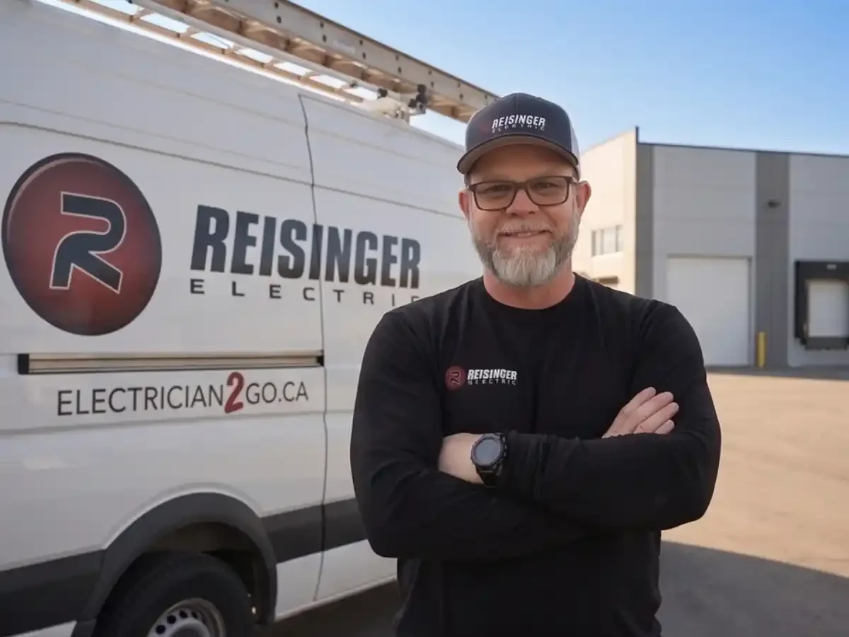 Man standing in front of a white electric vehicle van, with crossed arms, wearing a black cap and black shirt with the Reisinger Electric logo, smiling at the camera.