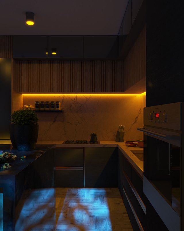 A modern kitchen with wooden cabinetry, a marble backsplash, and dim lighting. There is a potted plant on the left, a stovetop on the island, and bottles of spices or condiments on a shelf. The floor is hardwood, and there are yellow accent lights under the cabinets.