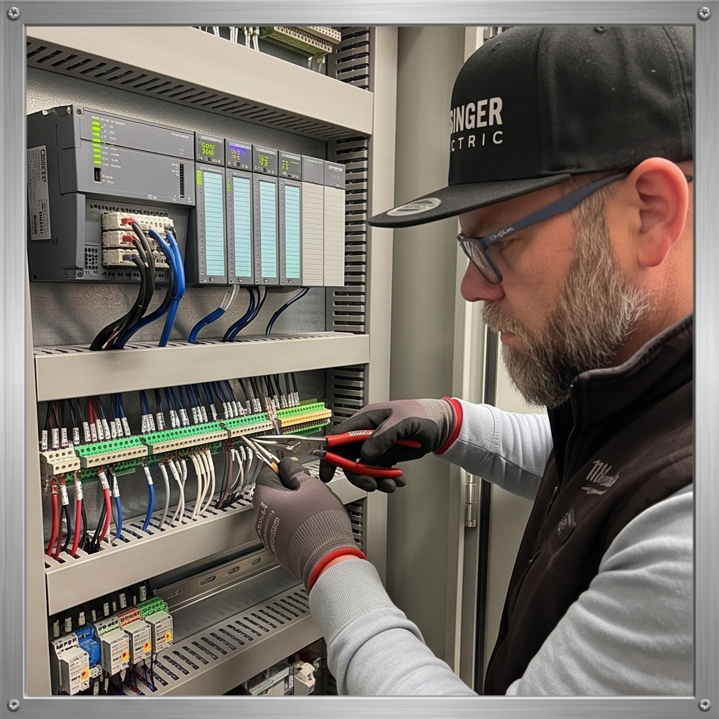 A technician working on an industrial electrical control panel, using pliers to connect wires inside a cabinet filled with circuit boards, wires, and electrical components.