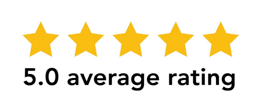 Five gold stars above the text '5.0 average rating' in bold black letters.