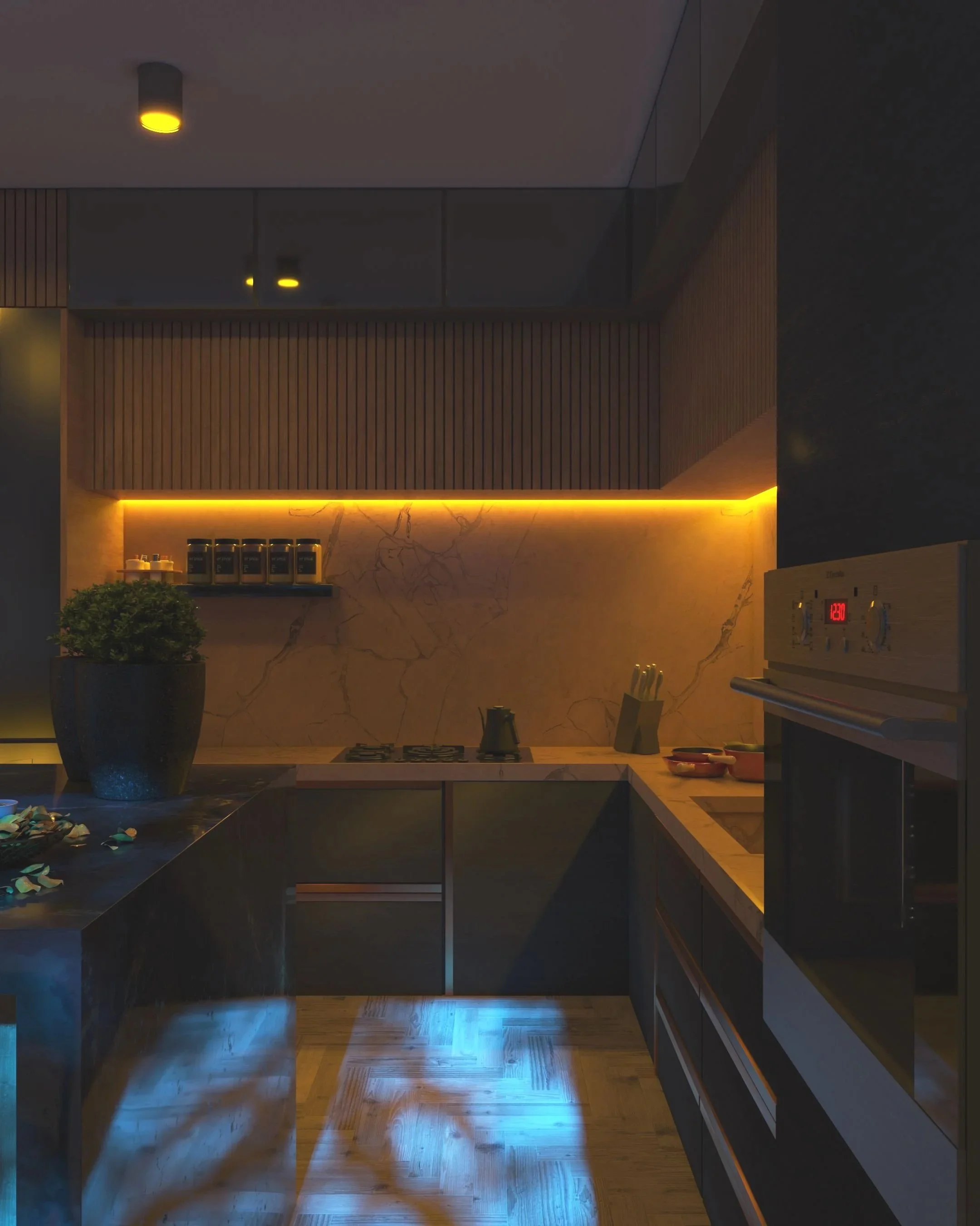 A modern kitchen with wooden cabinetry, a marble backsplash, and dim lighting. There is a potted plant on the left, a stovetop on the island, and bottles of spices or condiments on a shelf. The floor is hardwood, and there are yellow accent lights under the cabinets.