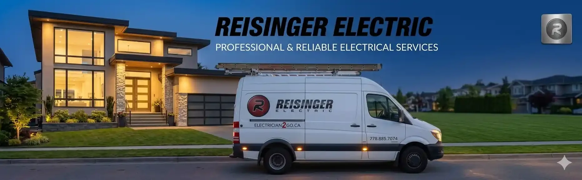 A residential house with large windows and a well-lit interior, green lawn, and a white electric van parked on the street in front. The van has the logo and contact information for Reisinger Electric, an electrical service company, with ladders on top. The image appears to be taken during twilight or early evening.