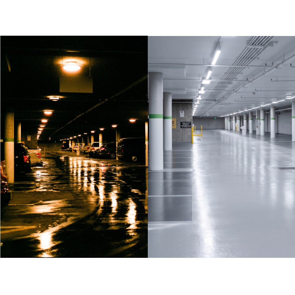 Comparison of a dark, rainy parking garage with wet floors on the left and a bright, empty parking garage with clean floors on the right.