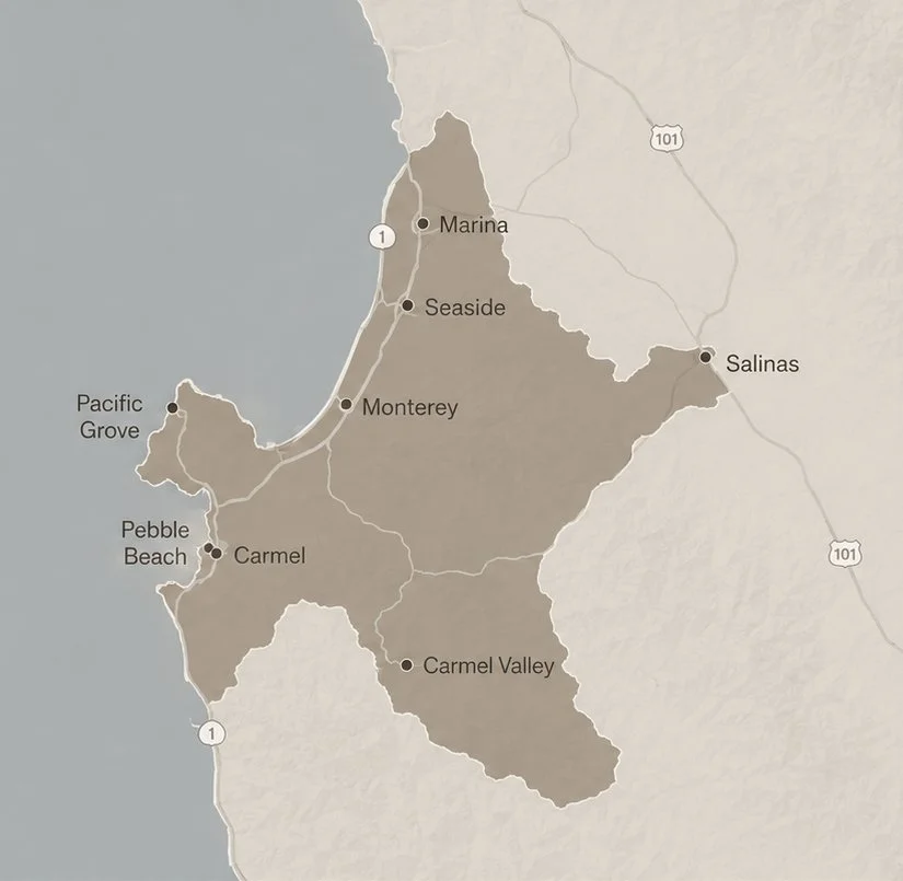 Map of the Monterey Peninsula in California showing locations including Marina, Seaside, Monterey, Pacific Grove, Pebble Beach, Carmel, Carmel Valley, and Salinas.