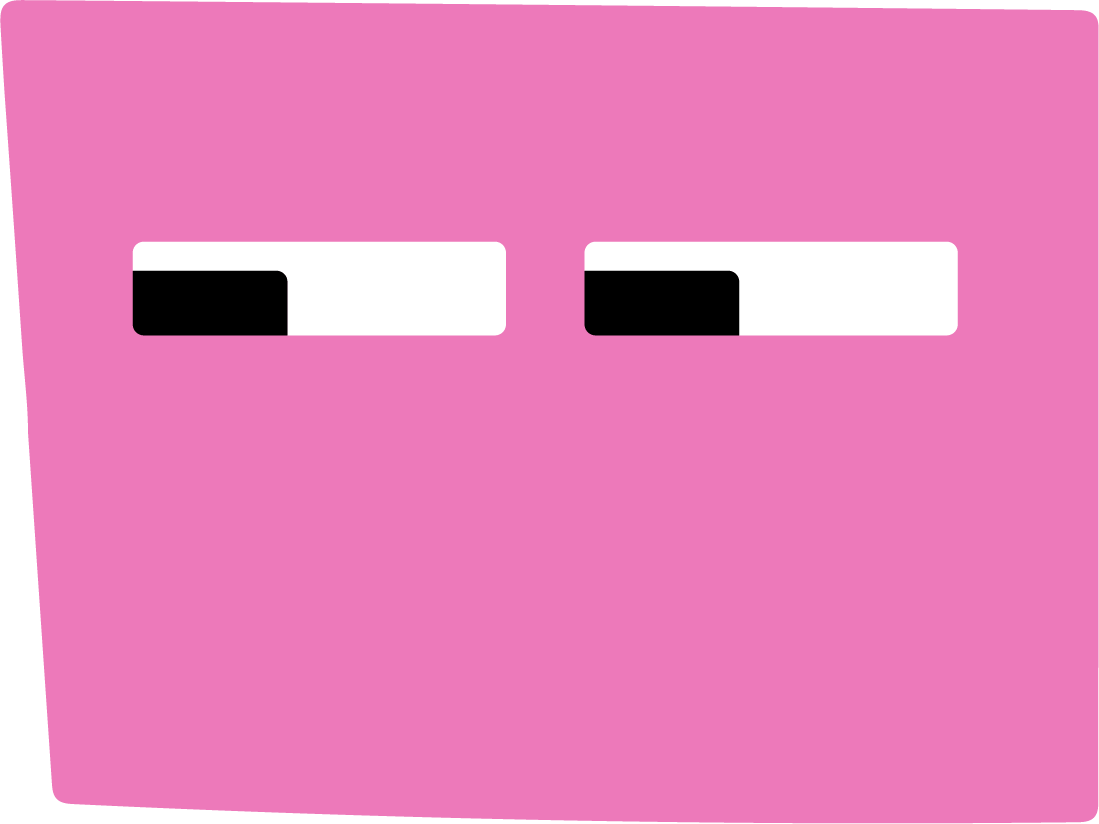 A pink rectangular cartoon character with eyes made of black and white rectangles, graphic for AltPlay