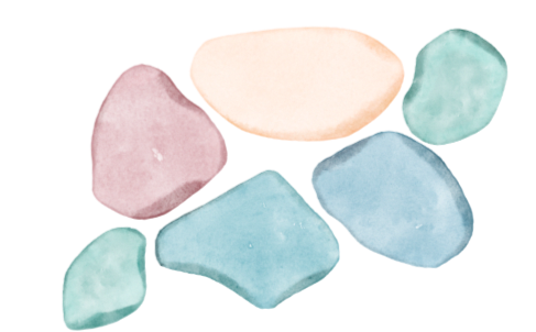 Seven colorful stones or pebbles in pastel shades of pink, beige, blue, and green. They are irregular in shape and appear smooth.