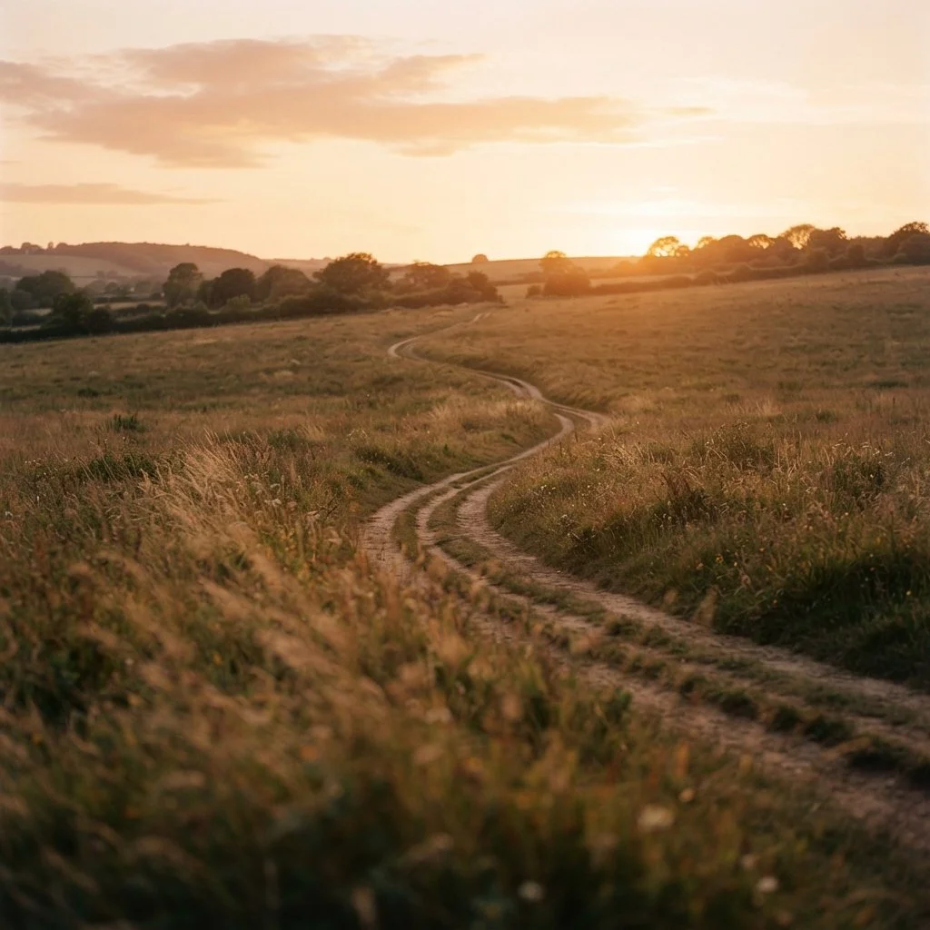 A winding dirt road running through a grassy field at sunset, with trees and rolling hills in the distance.