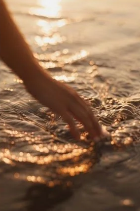 A hand touching the water's surface during sunset at the beach.