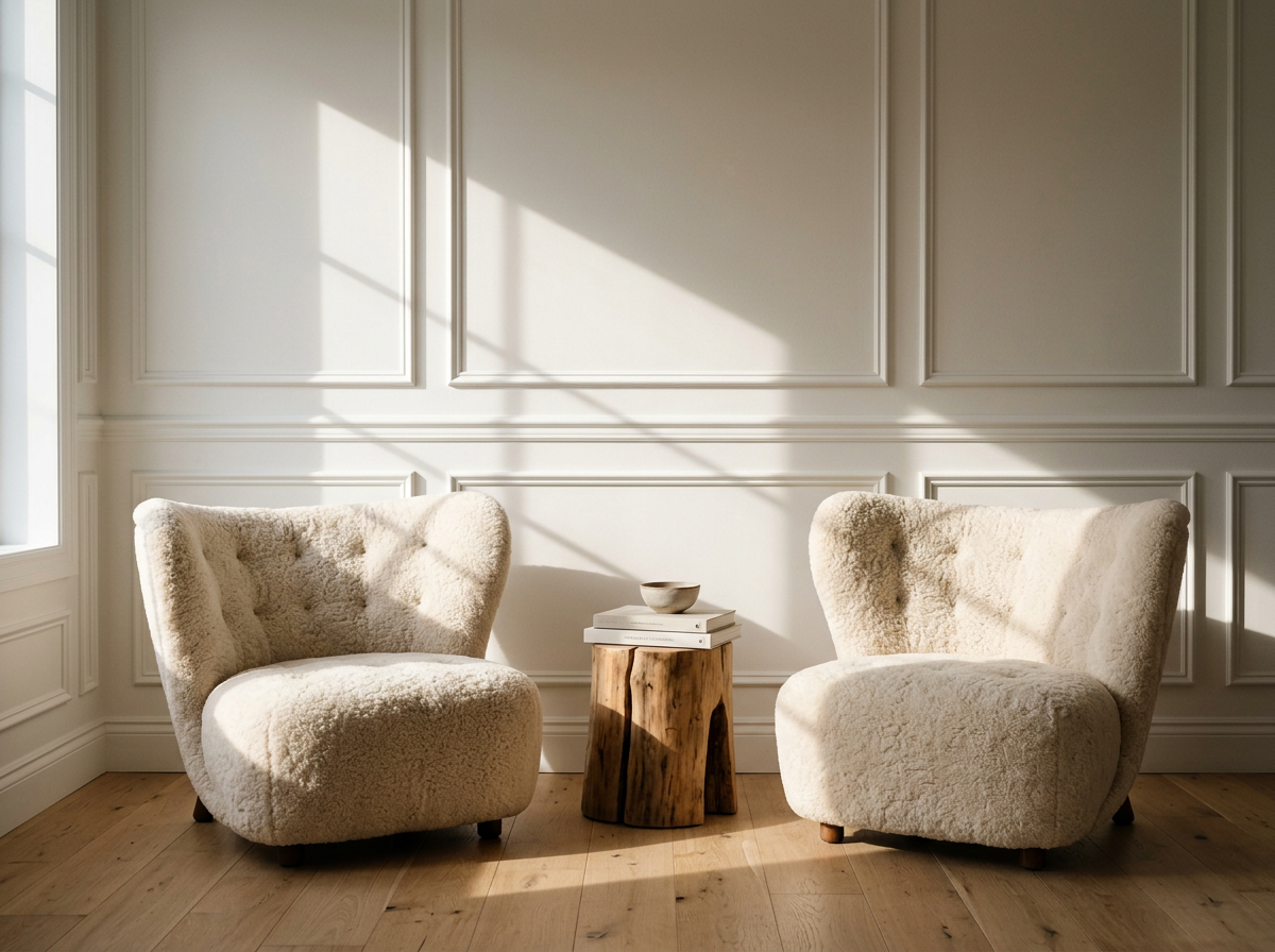 Two plush, off-white armchairs with curved backs on either side of a small wooden side table with a bowl and a stack of books inside a bright, minimalist living room with white paneled walls and wooden flooring.