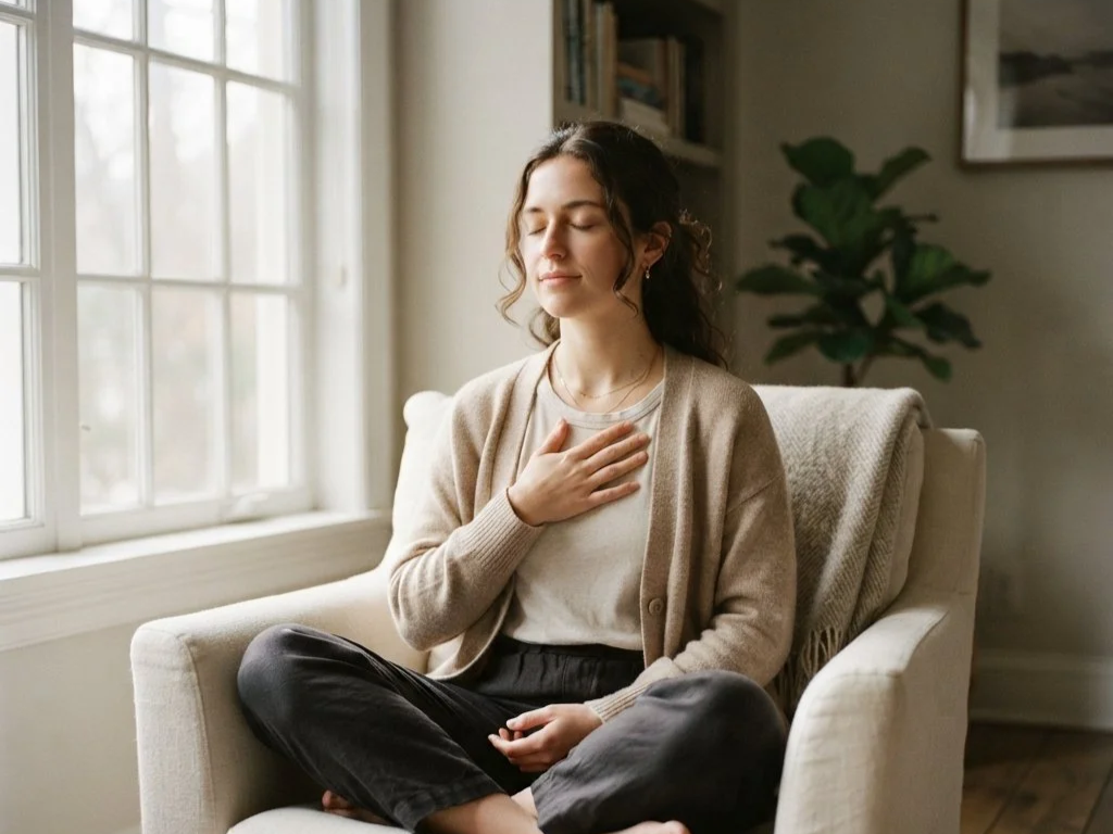 A young woman is sitting cross-legged on a beige armchair near a large window with natural light. She has her eyes closed, her right hand over her chest, and appears to be meditating or practicing mindfulness in a cozy living room with a bookshelf and a houseplant in the background.