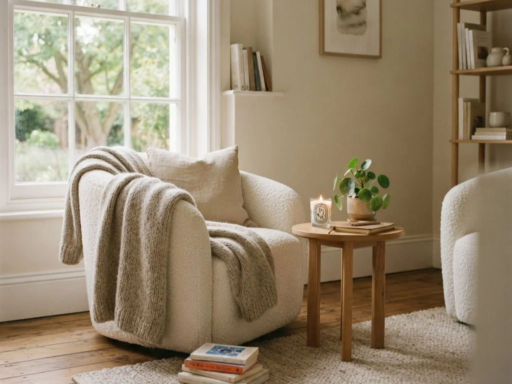 Cozy living room with two cream-colored armchairs, a small wooden side table with a candle, a plant, and books, a window with greenery outside, and a bookshelf with decorative items and books.