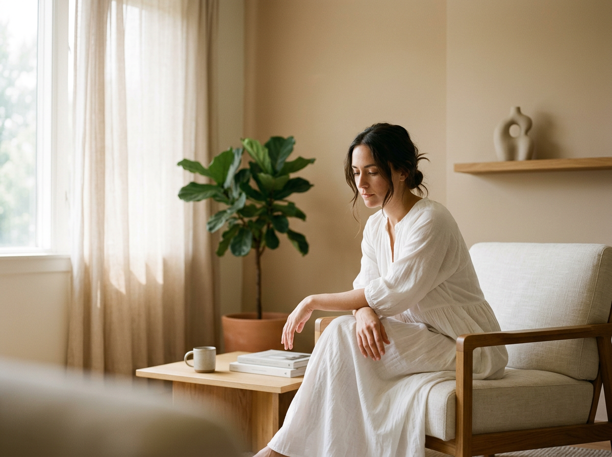 A woman in a white dress sitting on a beige armchair near a window with cream curtains, a potted plant, and a wooden shelf with a beige vase in a cozy room.