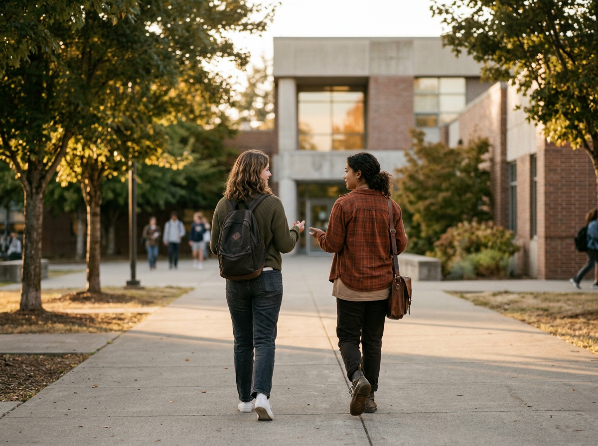 Two students walking and talking on a university campus during fall, with other students in the background and trees with golden leaves.