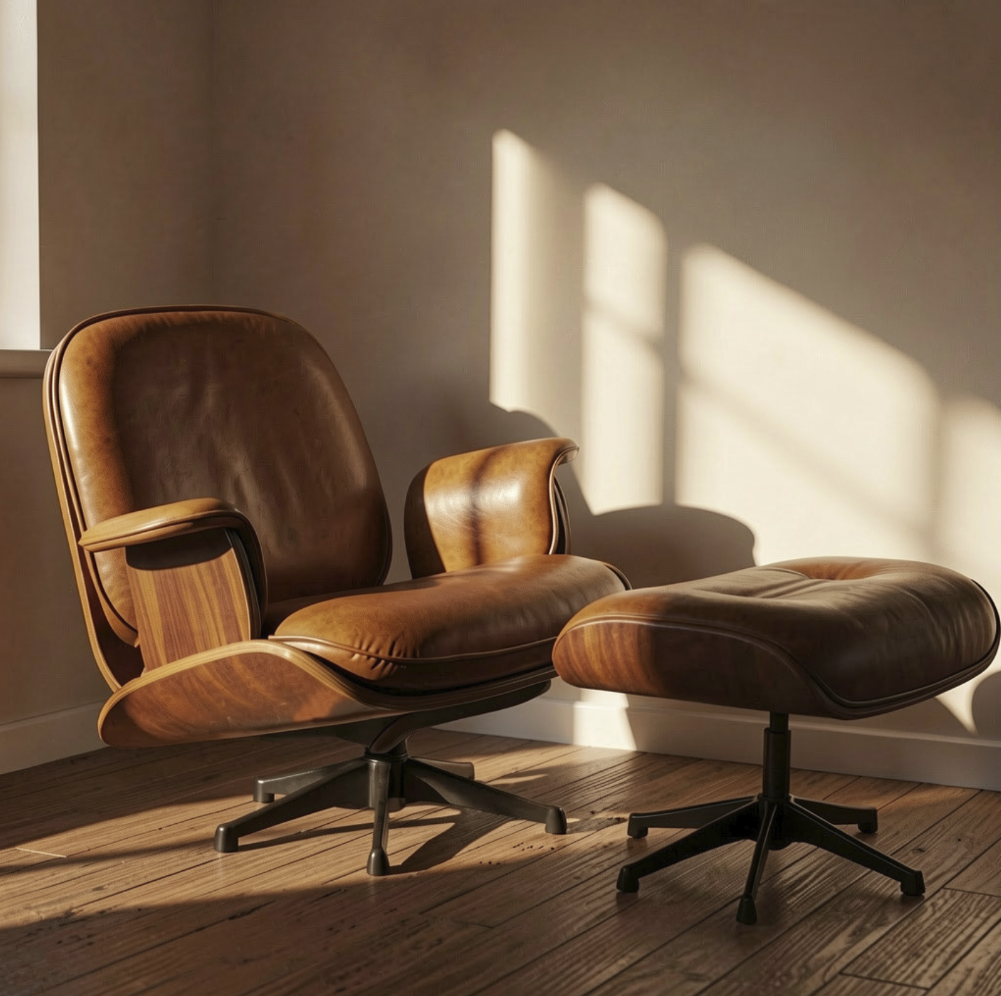 A brown leather lounge chair with a matching ottoman beside it, both positioned on a wooden floor with sunlight casting shadows through window panes onto a beige wall.