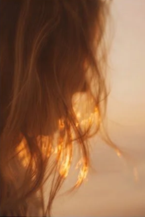 Close-up of a person's hair illuminated by warm, golden sunlight during sunset.