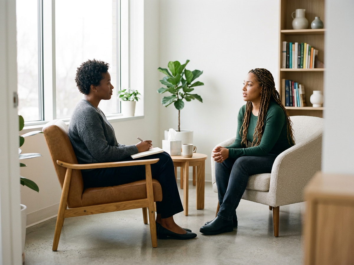 A therapist and a patient are sitting in a therapy session in a bright, cozy room. The therapist, holding a notebook, listens attentively to the patient, who is sitting with hands clasped on her lap.