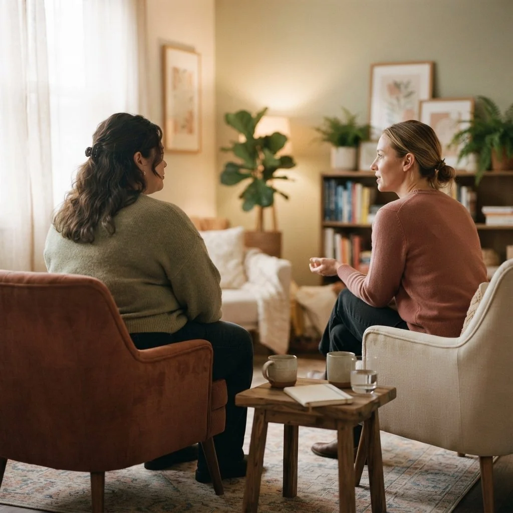 Two women having a conversation in a cozy living room with bookshelves, framed art, and warm lighting.