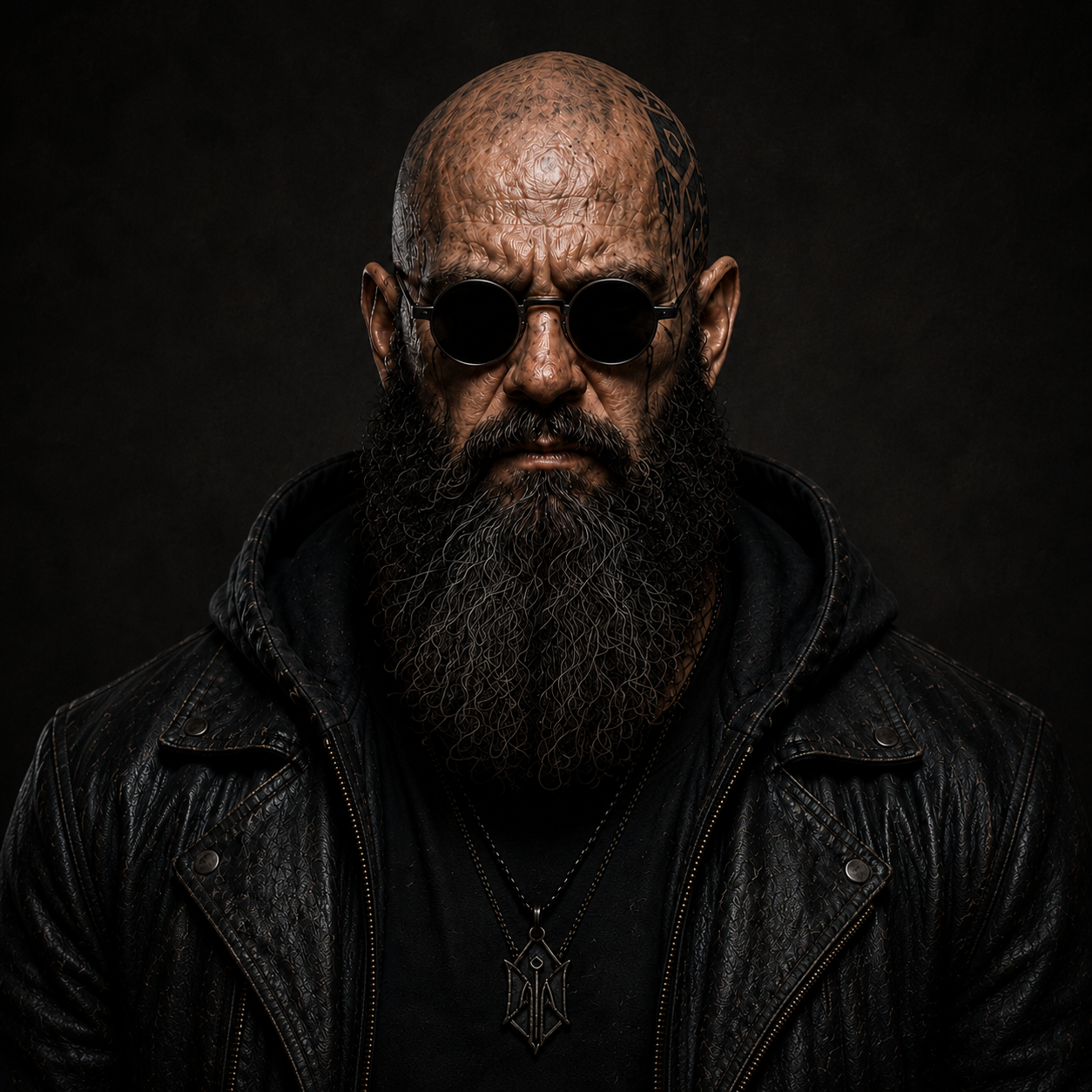 A bald man with a long, curly gray beard wearing black sunglasses, a black leather jacket, and a necklace with a pendant, against a dark background.