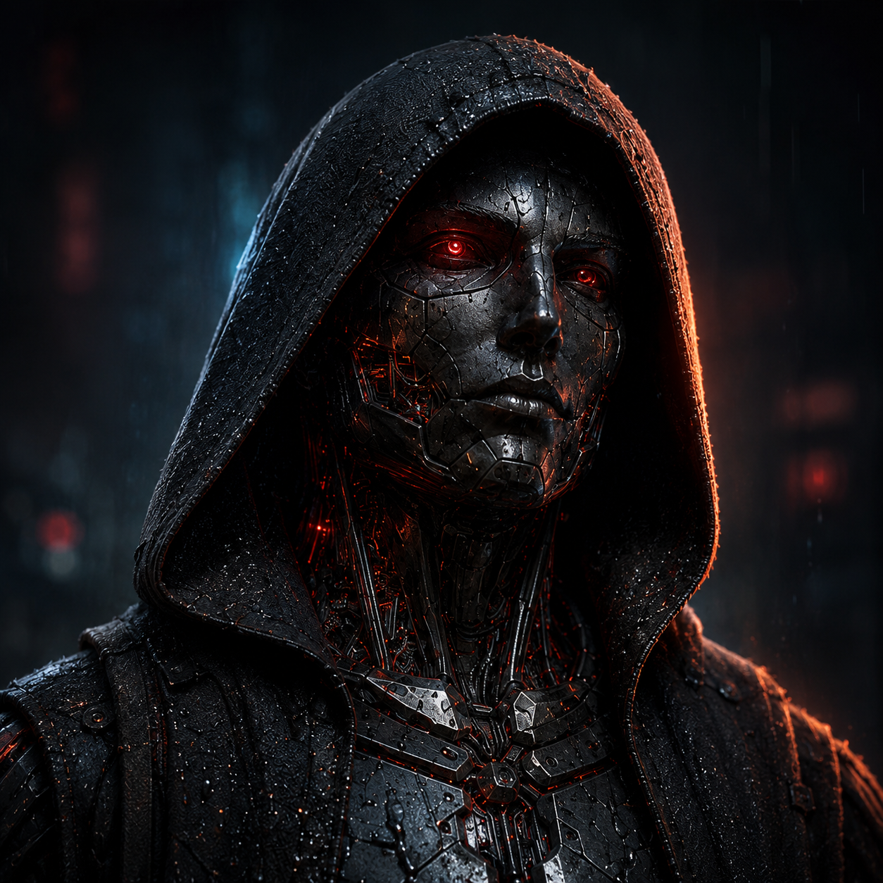 Futuristic robotic woman with glowing red eyes, wearing a dark hooded cloak, and metallic, cracked skin with illuminated circuits underneath, rain droplets on her face.