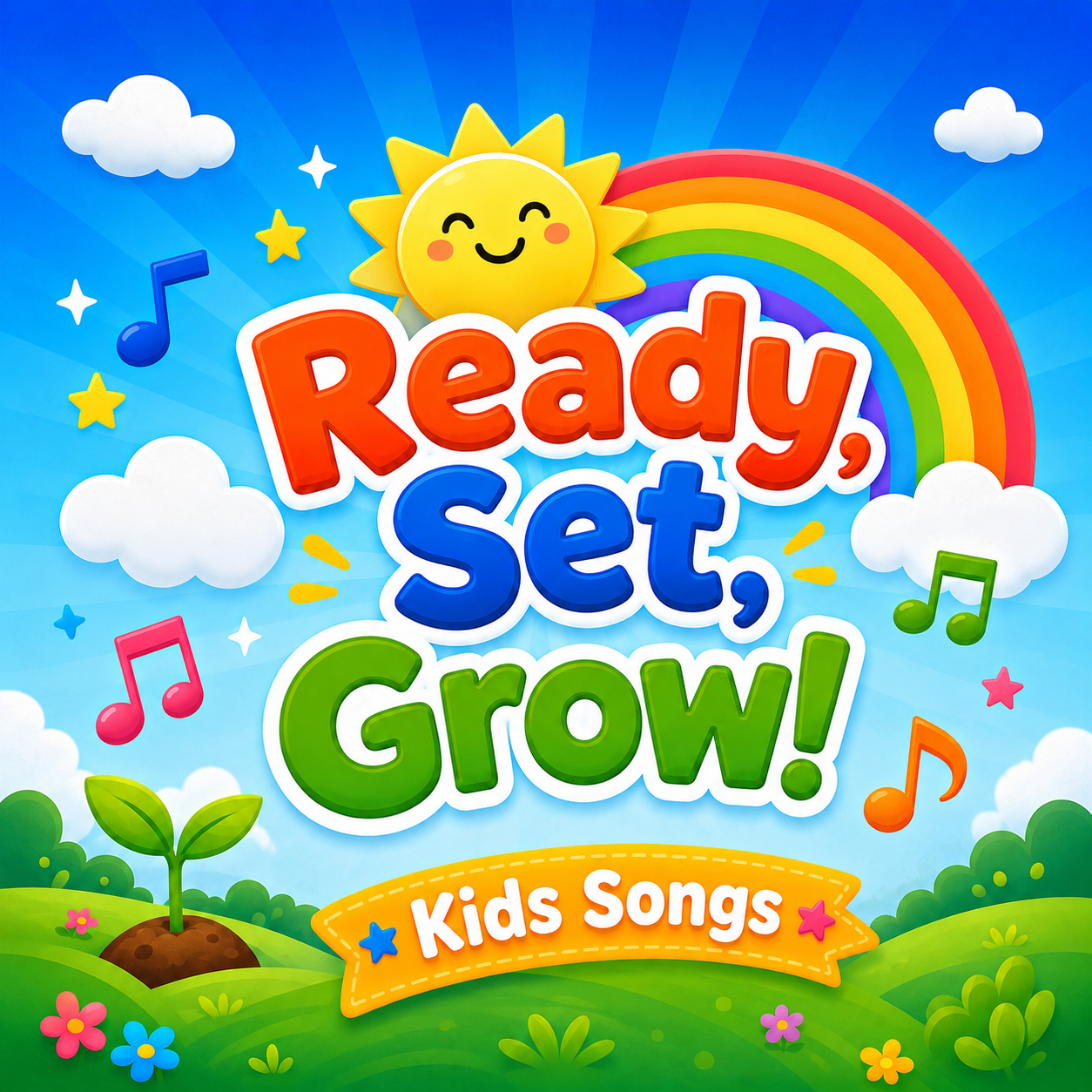 Colorful children's music album cover with a smiling sun, rainbow, clouds, musical notes, and a small plant in the ground. The text reads 'Ready, Set, Grow! Kids Songs.'