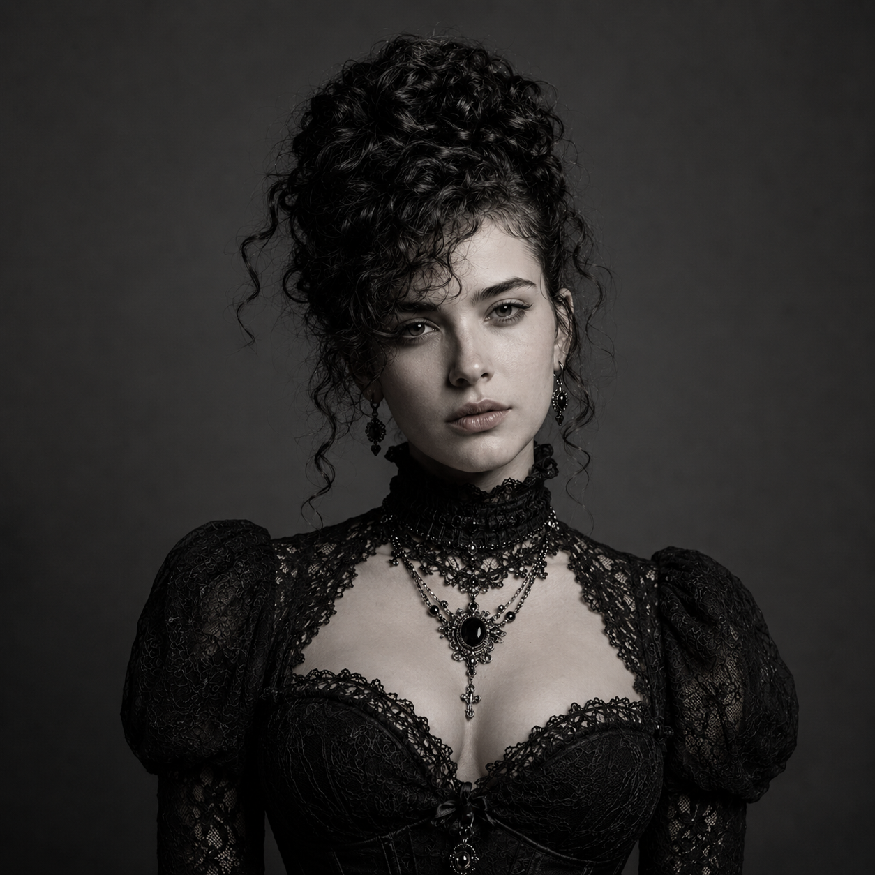 Young woman with curly hair styled in an updo, wearing gothic black lace dress with puffed shoulders and ornate black jewelry, posing against a dark background.