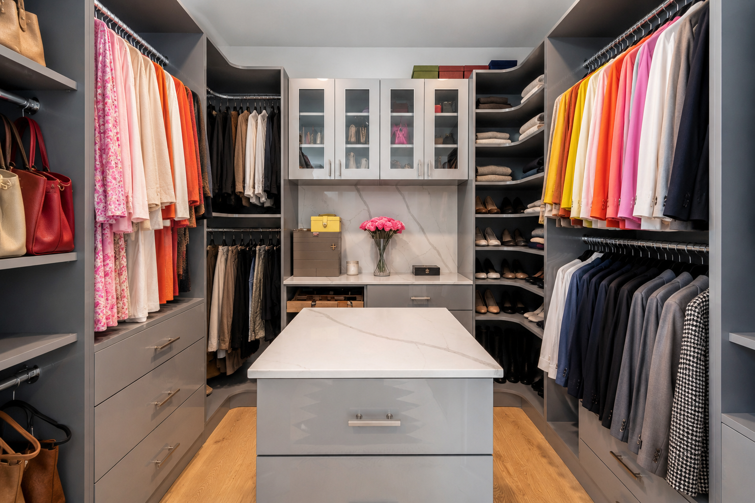 A walk-in closet with neatly organized clothing, shoes, handbags, and accessories on shelves and hanging rods, with a central island and decorative flowers on top.