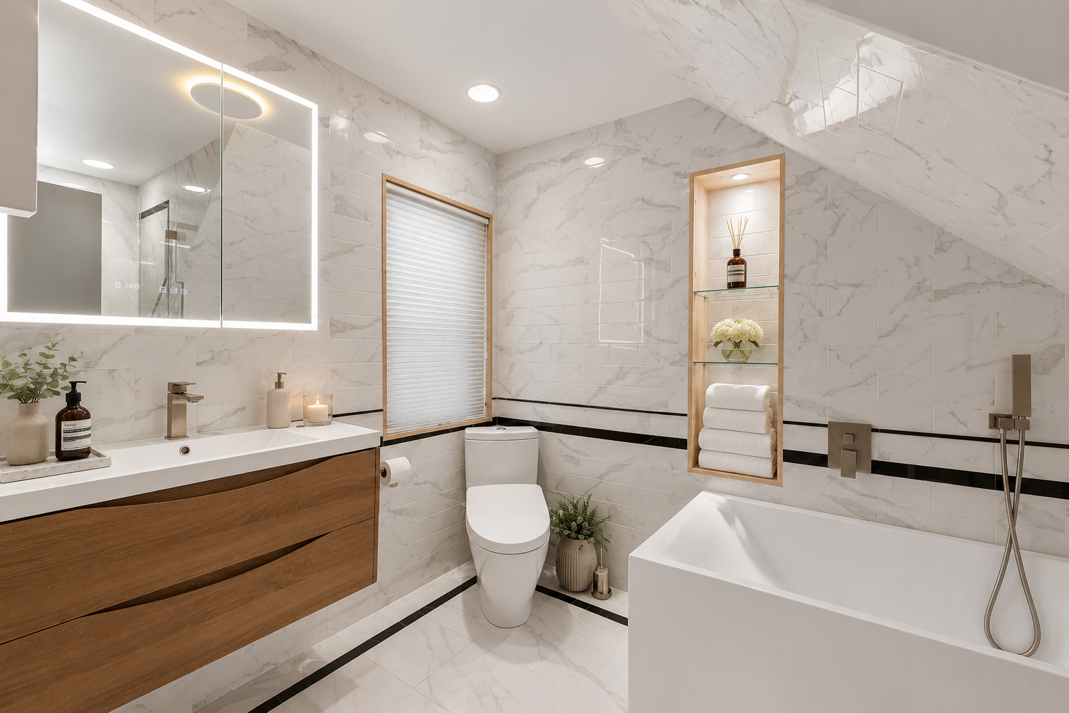 Modern bathroom with white marble walls and floor, wooden vanity with sink, large mirror with LED lighting, closed window with blinds, white toilet, potted plant, built-in shelves with towels and decor, bathtub with handheld shower, candles and decor
