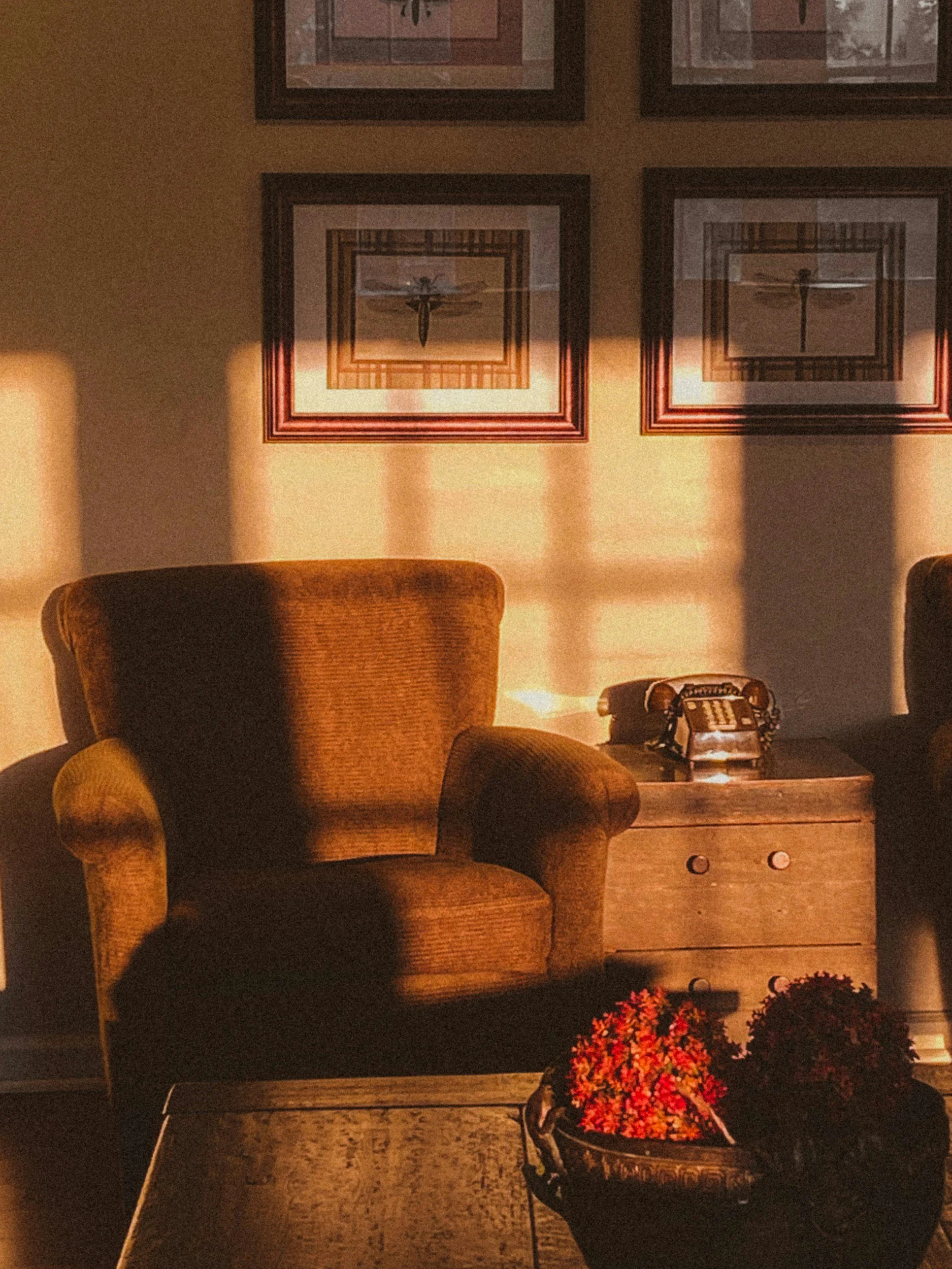 A cozy living room corner illuminated by warm sunlight, featuring a yellow armchair, a wooden side table with a vintage telephone, and a plant with red flowers on a black wrought iron stand. Framed artwork hangs on the wall in the background.