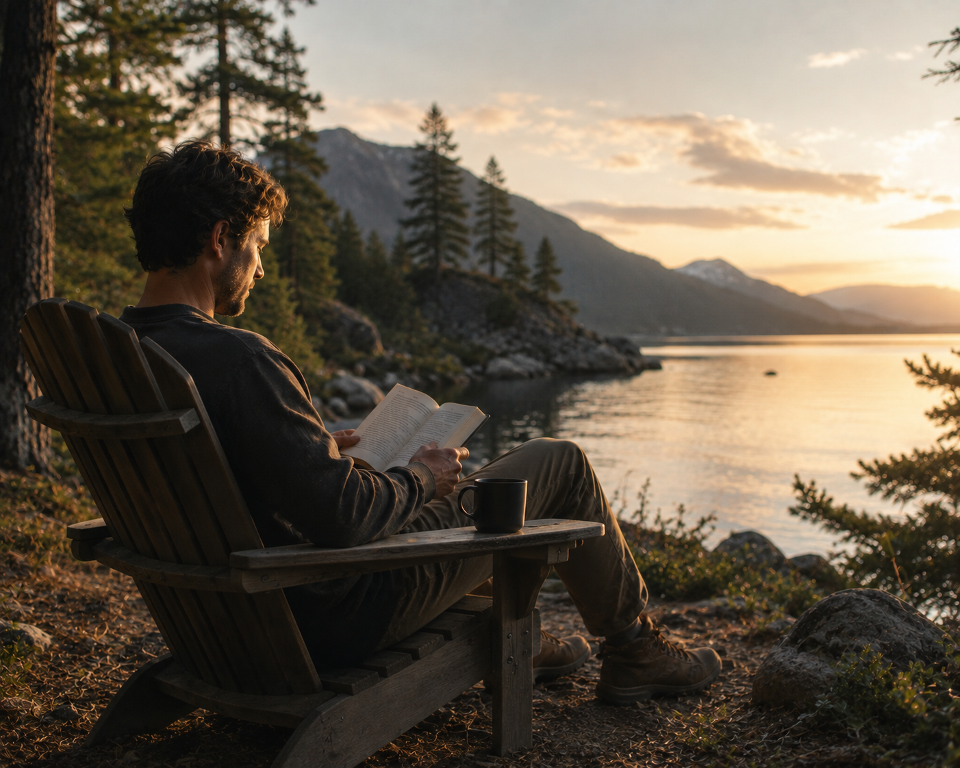 A man sitting on a wooden bench by a lake, reading a book at sunset with mountains and trees in the background.
