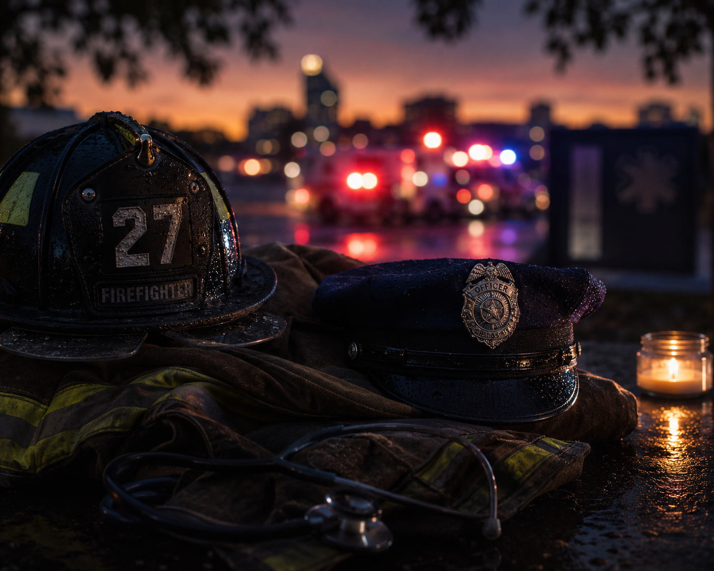 A firefighter's helmet and police officer's cap resting on a wet surface with a candle. In the background, police and emergency vehicles with flashing lights are blurred during dusk.