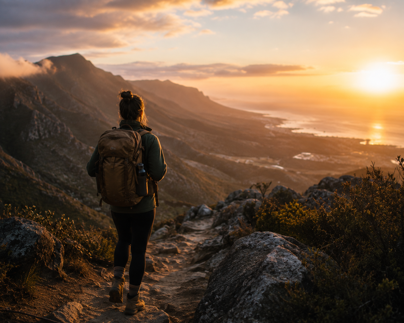 A woman with a backpack hiking on a rocky trail during a sunset overlooking mountains and the ocean.