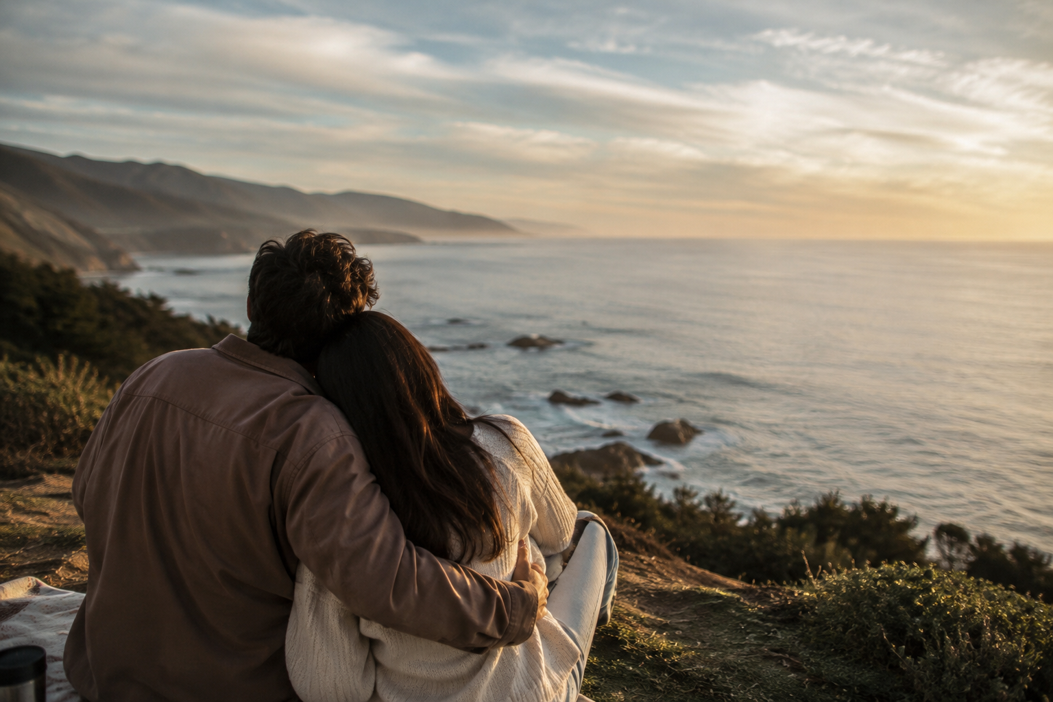 A couple sitting close together on a hillside overlooking the ocean at sunset, with mountains in the distance.