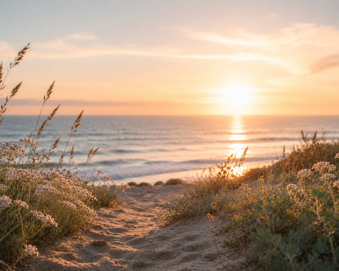 A sandy beach with plants and flowers leading to the ocean at sunset.
