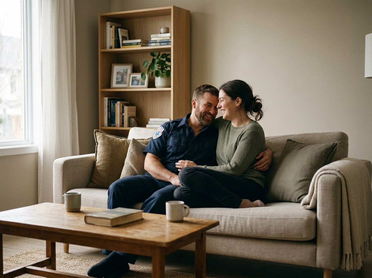 A man in a police uniform and a woman are sitting close together on a beige couch in a living room, smiling and sharing an intimate moment.