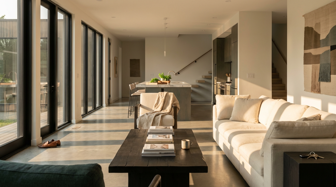 Bright, modern living room with large glass sliding doors, a white couch, wooden coffee table with magazines, and an open kitchen in the background.